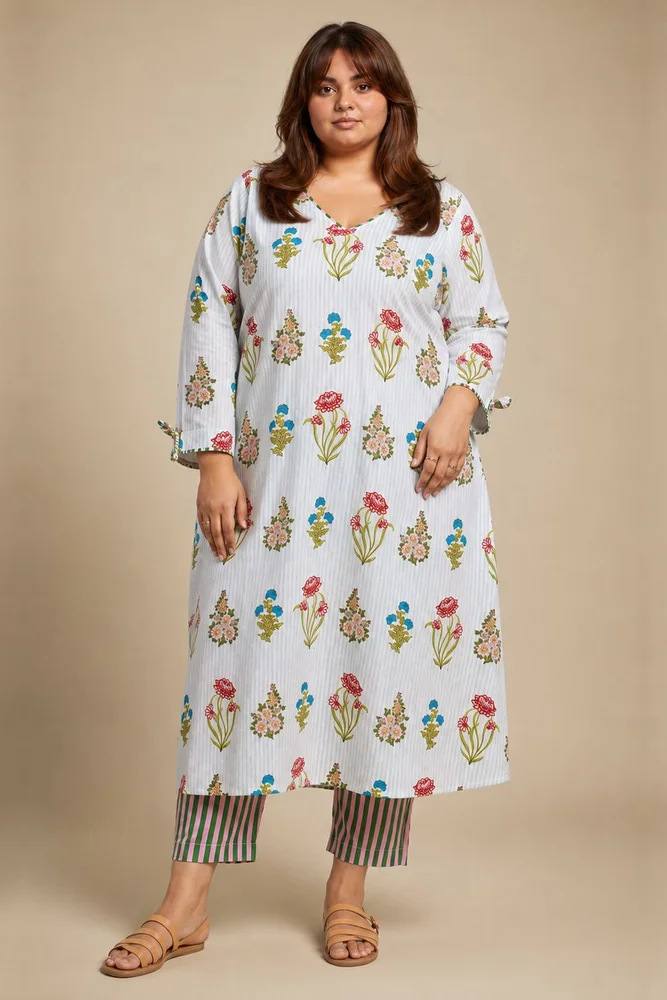 Aqua Floral V-Neck Long Kurta Paired With Striped Matching Pants
