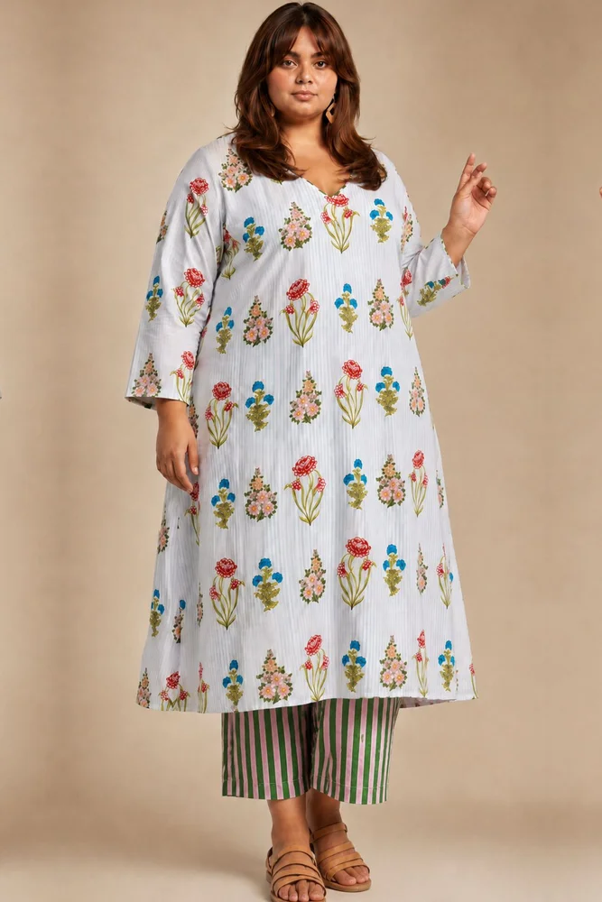 Aqua Floral V-Neck Long Kurta Paired With Striped Matching Pants 2