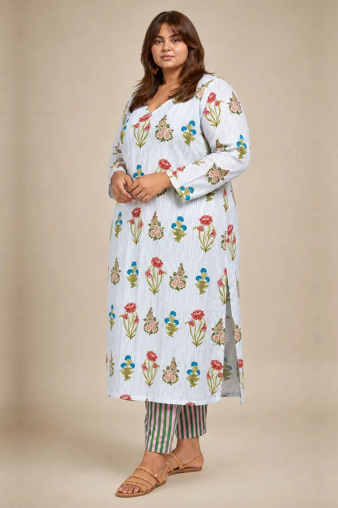 Aqua Floral V-Neck Long Kurta Paired With Striped Matching Pants 4