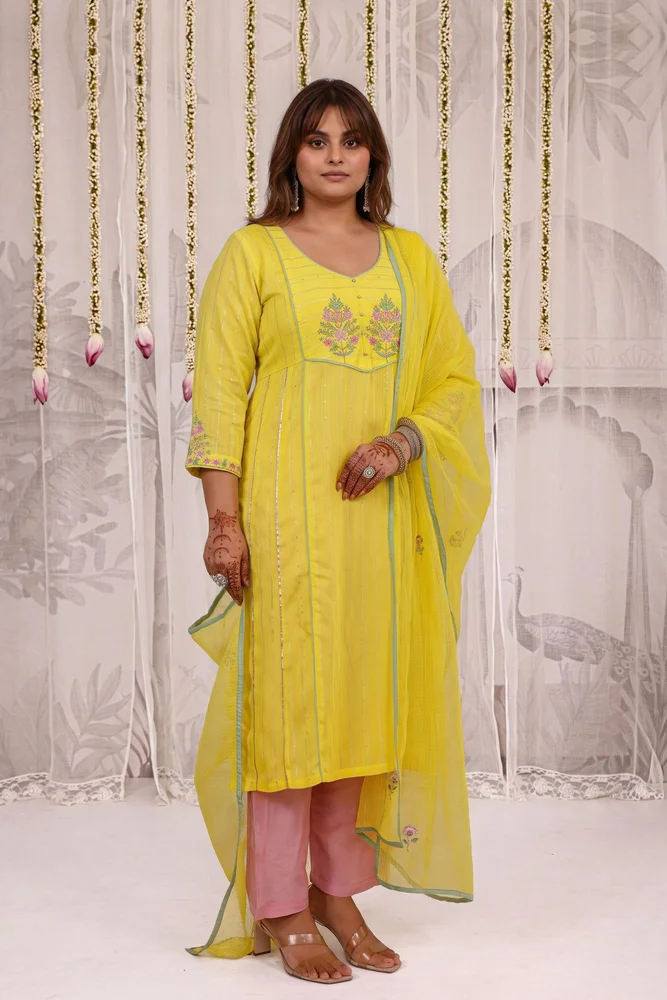 Lemon Kurta Set With Embroidered Yoke 2