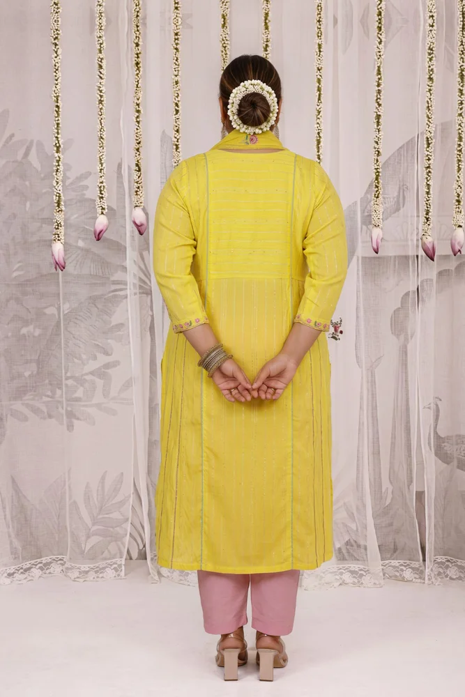 Lemon Kurta Set With Embroidered Yoke 5