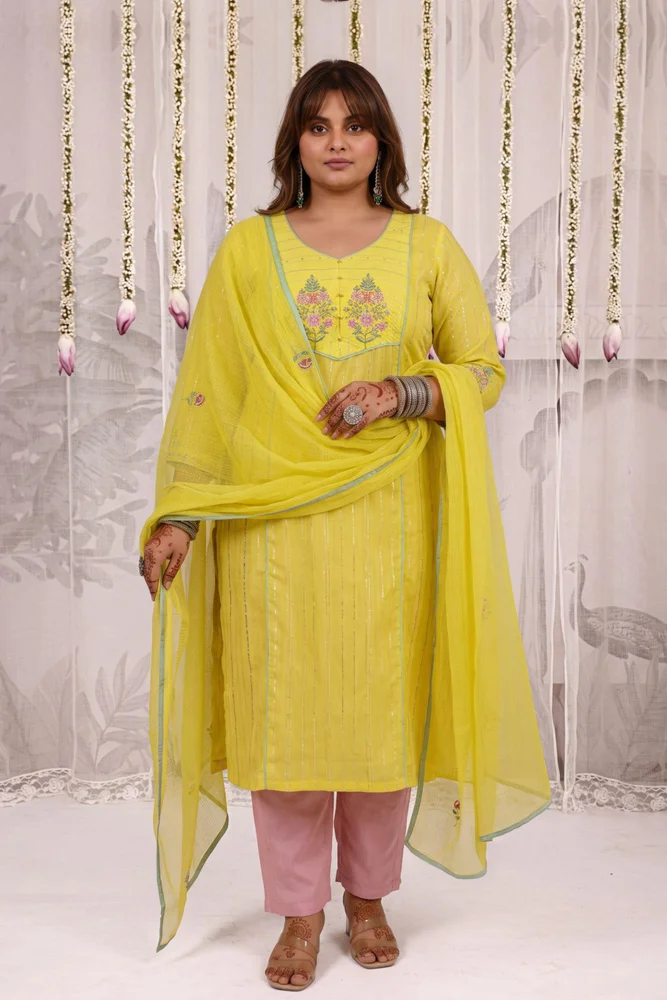 Lemon Kurta Set With Embroidered Yoke