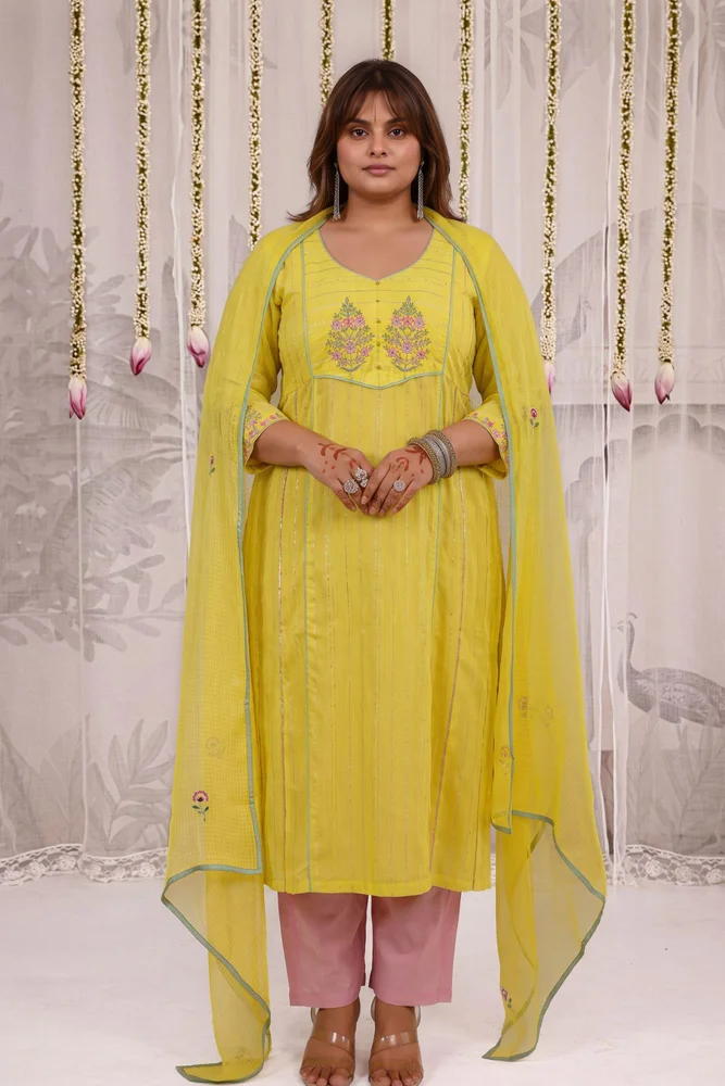 Lemon Kurta Set With Embroidered Yoke 4