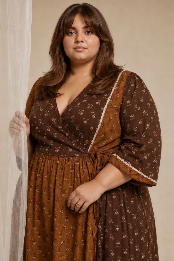 Brown & Olive Floral Angrakha Kurta Paired With  Curved  Hem White Pants 4