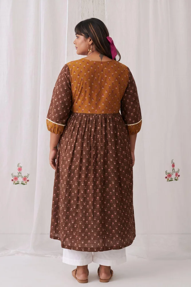 Brown & Olive Floral Angrakha Kurta Paired With  Curved  Hem White Pants 5