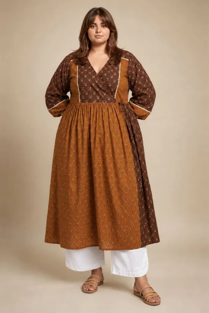 Brown & Olive Floral Angrakha Kurta Paired With  Curved  Hem White Pants