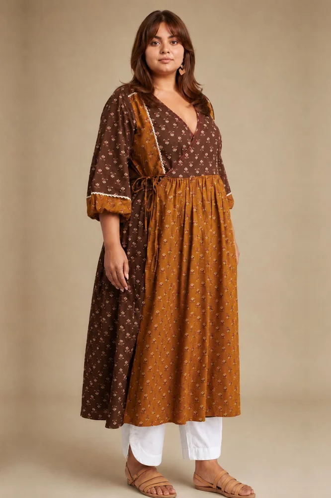 Brown & Olive Floral Angrakha Kurta Paired With  Curved  Hem White Pants 3