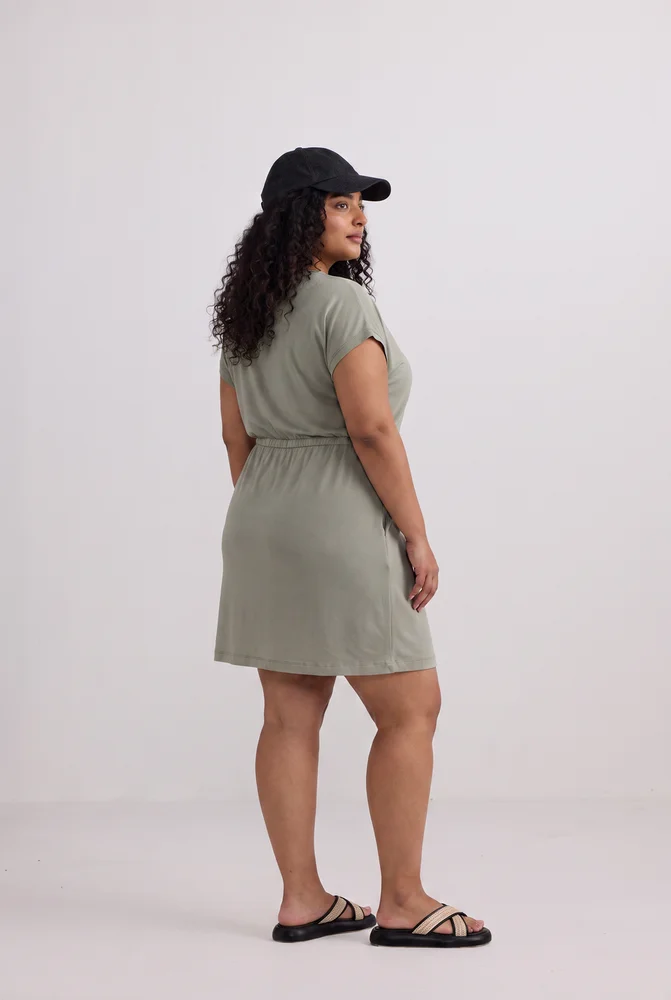 Drawstring Short T-shirt Dress in Light Olive 6