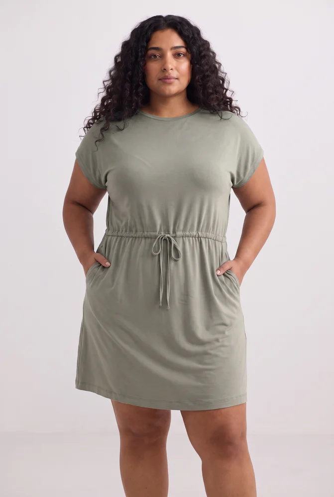 Drawstring Short T-shirt Dress in Light Olive 3