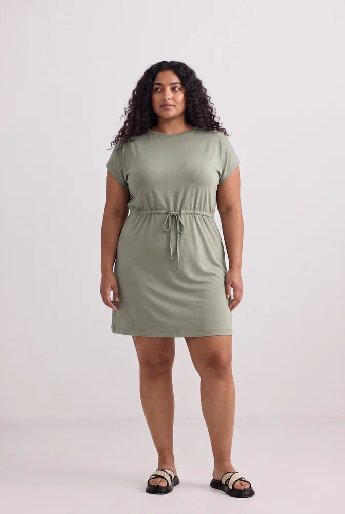 Drawstring Short T-shirt Dress in Light Olive