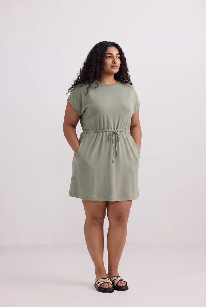 Drawstring Short T-shirt Dress in Light Olive 2
