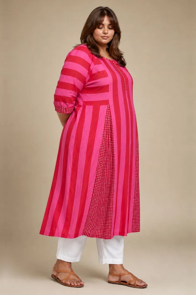Pink & Red Striped  Box Pleat Inserts Kurta Paired With Straight White Pants 2