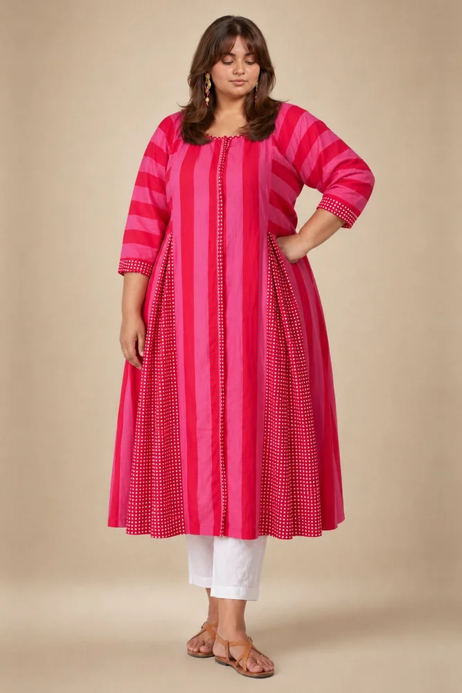 Pink & Red Striped  Box Pleat Inserts Kurta Paired With Straight White Pants 4