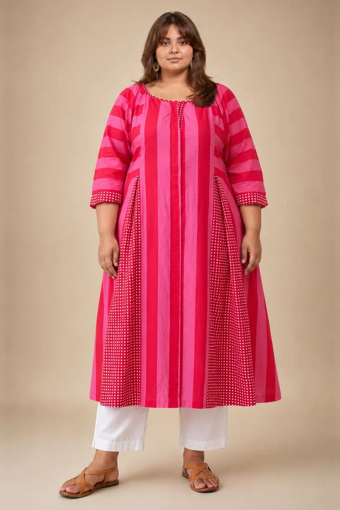 Pink & Red Striped Box Pleat Inserts Kurta Paired With Straight White Pants