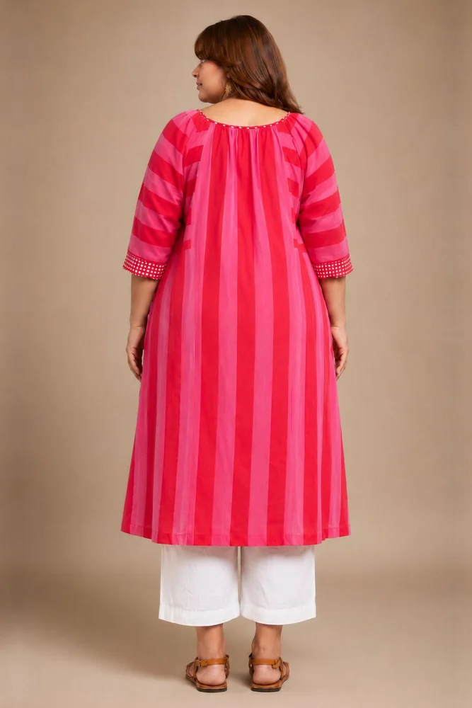 Pink & Red Striped  Box Pleat Inserts Kurta Paired With Straight White Pants 5