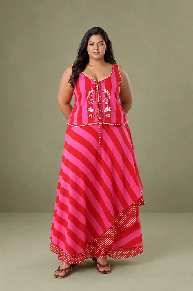 Pink & Red Layered Skirt Paired With Sleeveless Embroidered Top