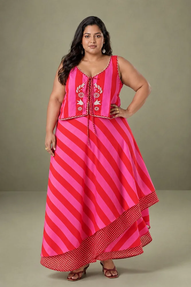 Pink & Red Layered Skirt Paired With Sleeveless Embroidered Top 2