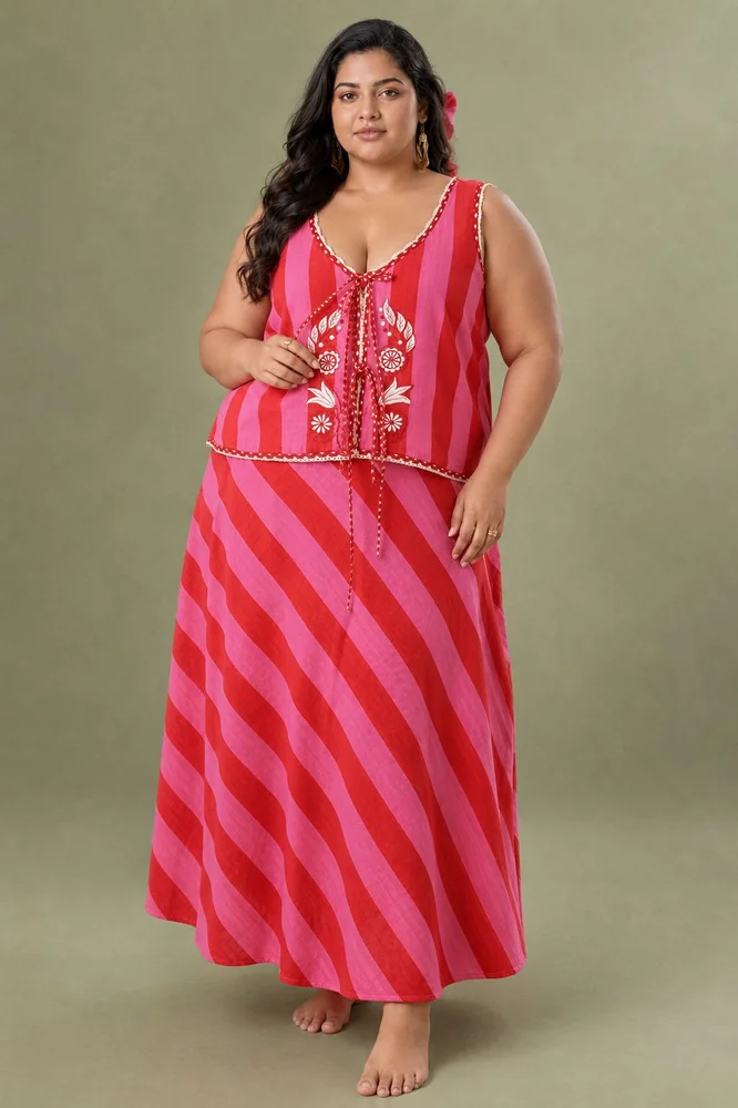 Pink & Red Layered Skirt Paired With Sleeveless Embroidered Top 3