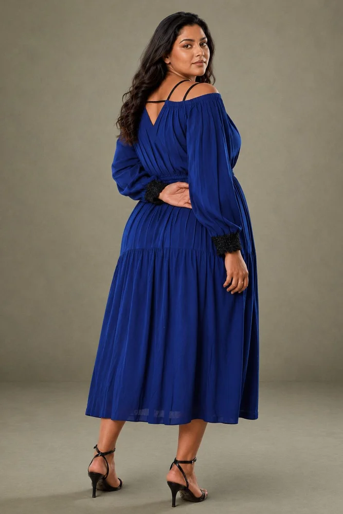 Blue Cotton Cold Shoulder Long Dress 5