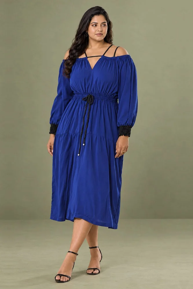 Blue Cotton Cold Shoulder Long Dress 2
