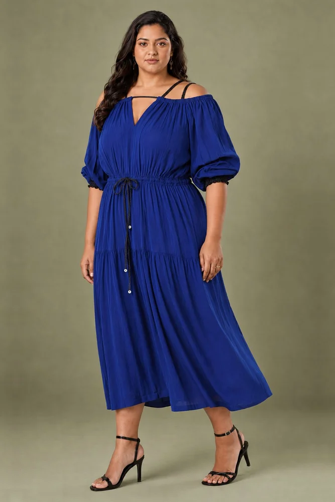 Blue Cotton Cold Shoulder Long Dress 4