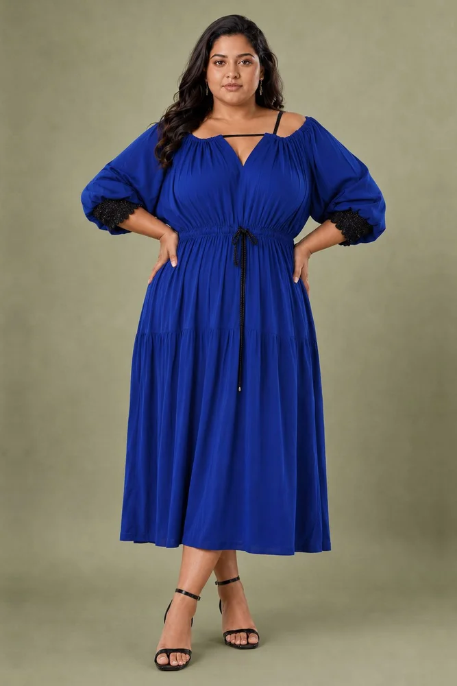 Blue Cotton Cold Shoulder Long Dress 3