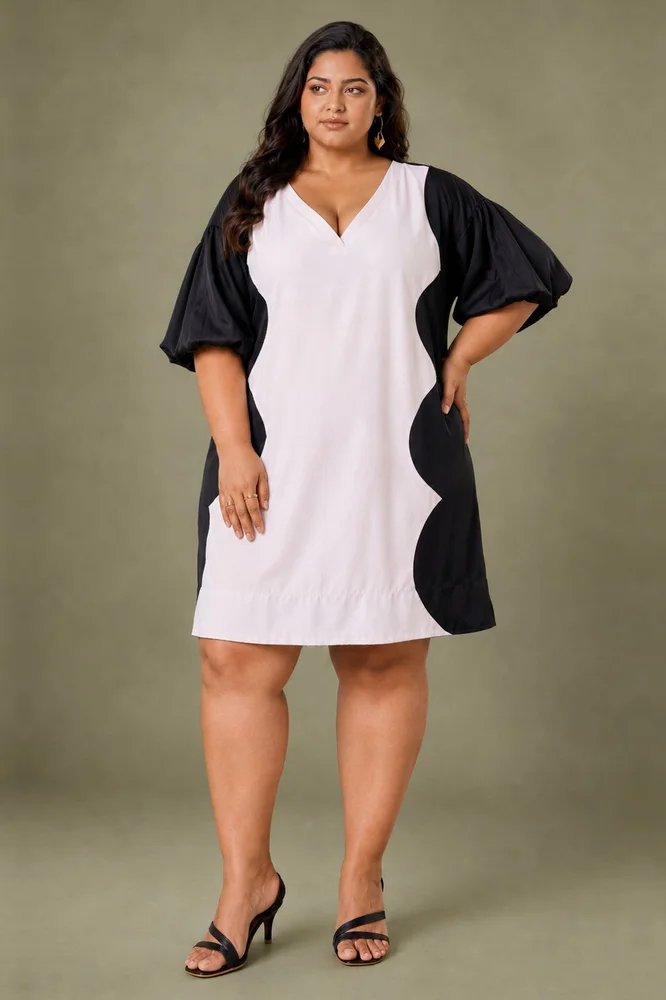 White & Black Cotton Satin V-Neck Short Party Dress