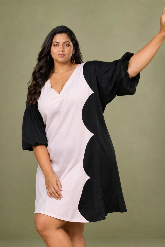 White & Black Cotton Satin V-Neck Short Party Dress 4