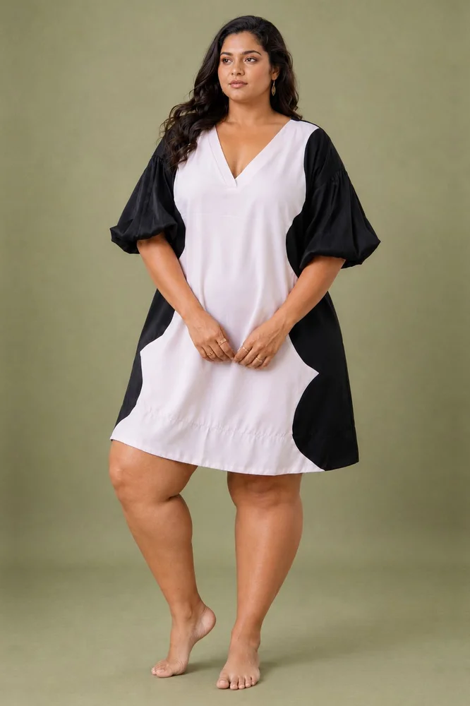 White & Black Cotton Satin V-Neck Short Party Dress 5