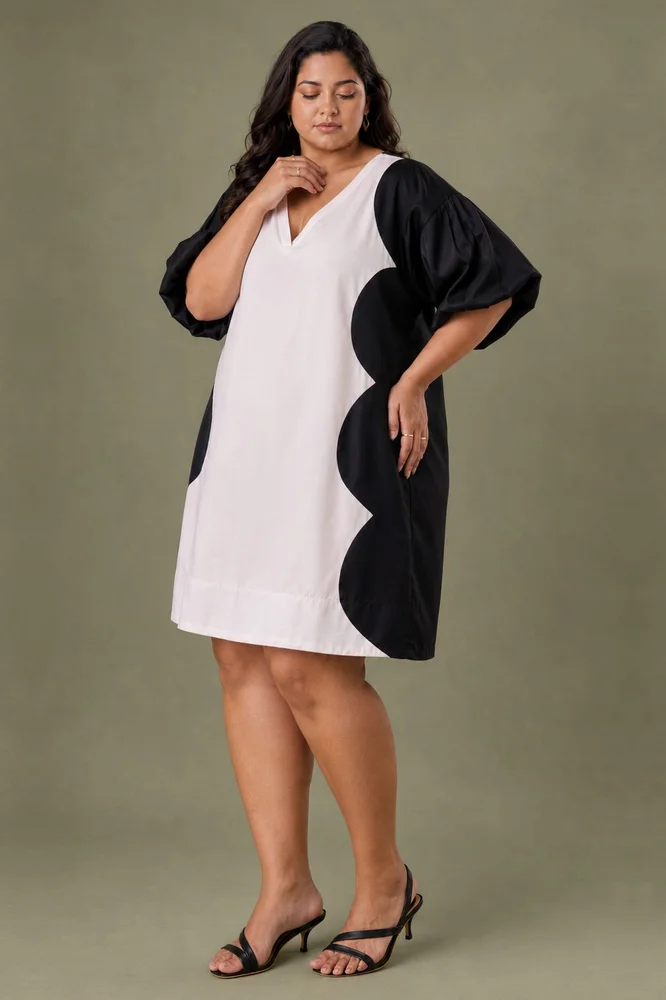 White & Black Cotton Satin V-Neck Short Party Dress 2