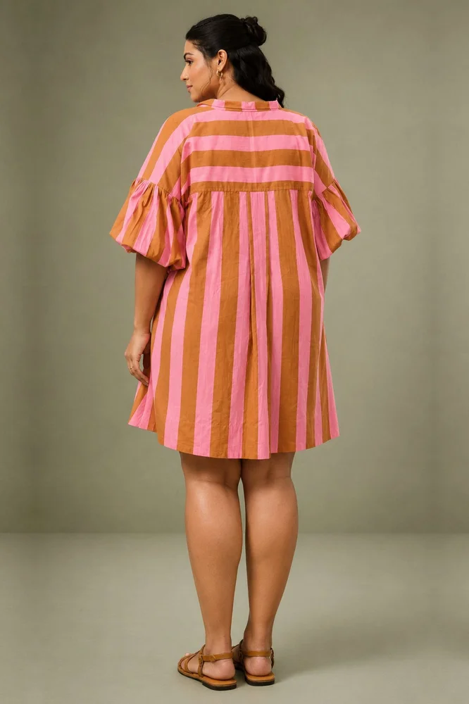Pale Pink Striped Printed Short Dress with Collar Neck 5