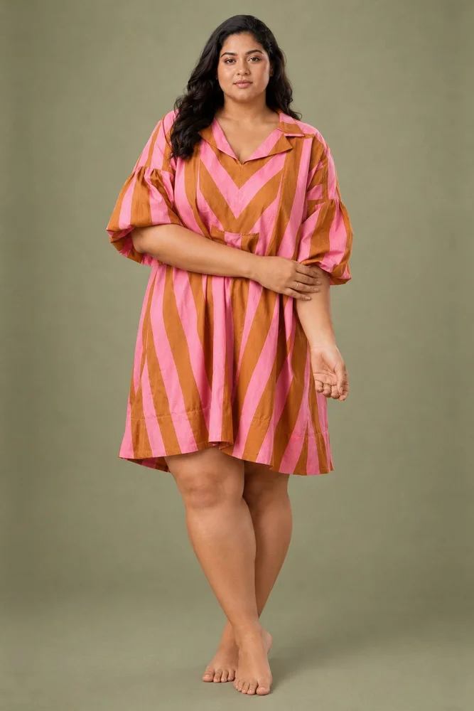Pale Pink Striped Printed Short Dress with Collar Neck 3