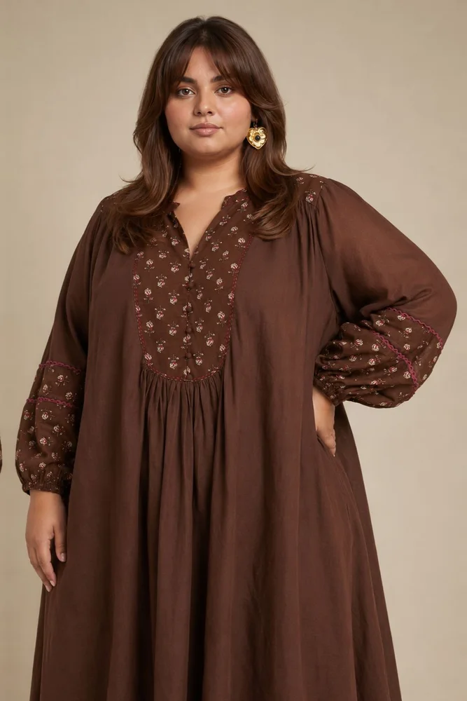 Brown Floral Gathered Free Size Kurta Paired With Matching Pants 2