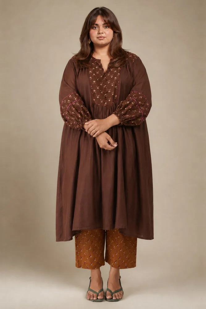 Brown Floral Gathered Free Size Kurta Paired With Matching Pants
