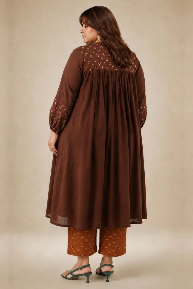 Brown Floral Gathered Free Size Kurta Paired With Matching Pants 5