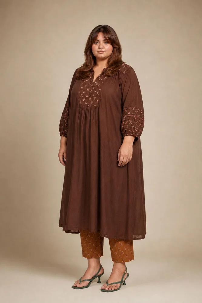 Brown Floral Gathered Free Size Kurta Paired With Matching Pants 3
