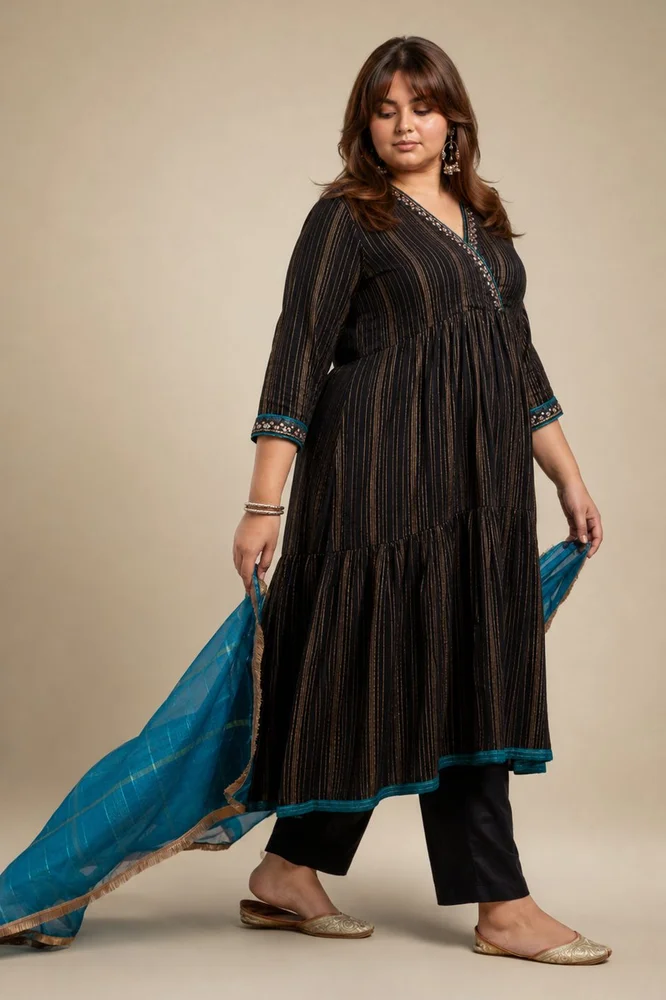 Black Embroidered Anarkali Set with Organza Dupatta 2
