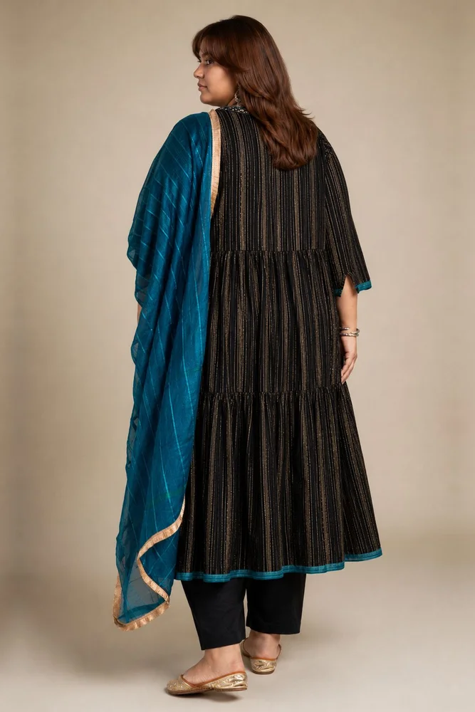 Black Embroidered Anarkali Set with Organza Dupatta 6