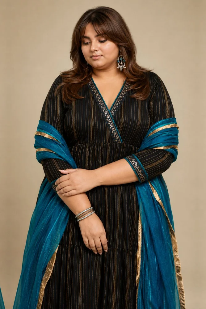 Black Embroidered Anarkali Set with Organza Dupatta 4