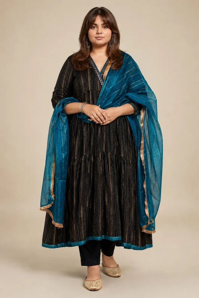 Black Embroidered Anarkali Set with Organza Dupatta 3