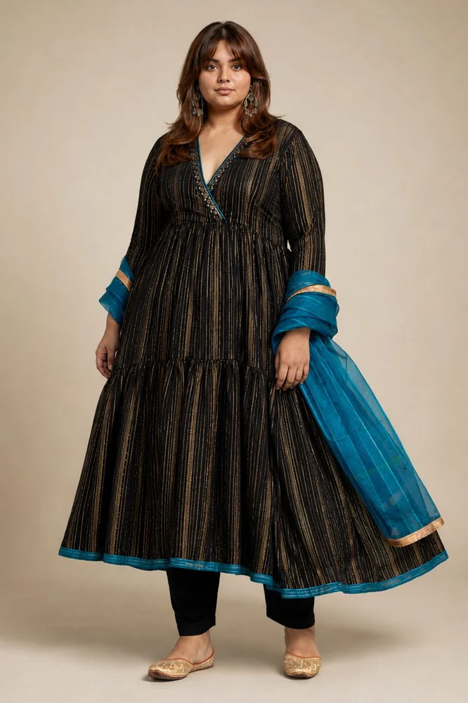 Black Embroidered Anarkali Set with Organza Dupatta