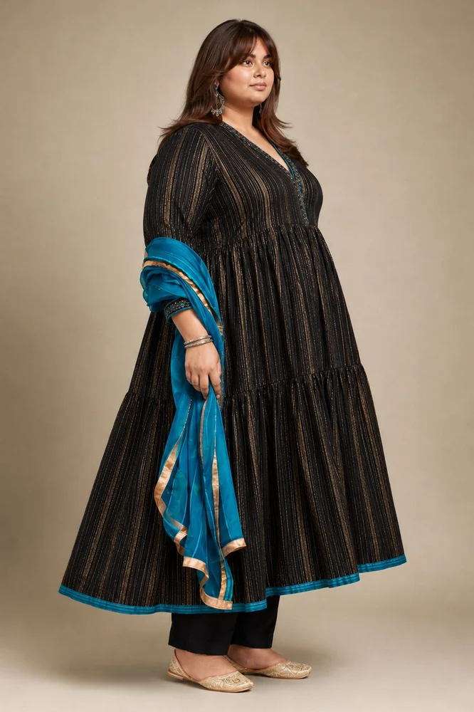 Black Embroidered Anarkali Set with Organza Dupatta 5
