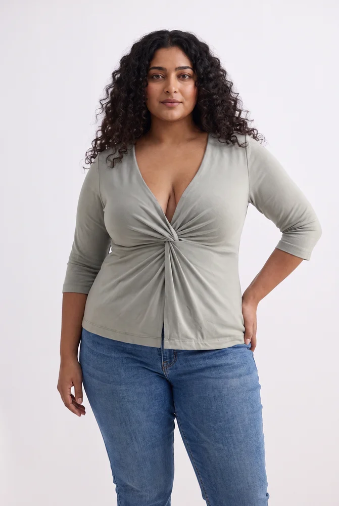 Twist Front Knit Shirt in Light Olive