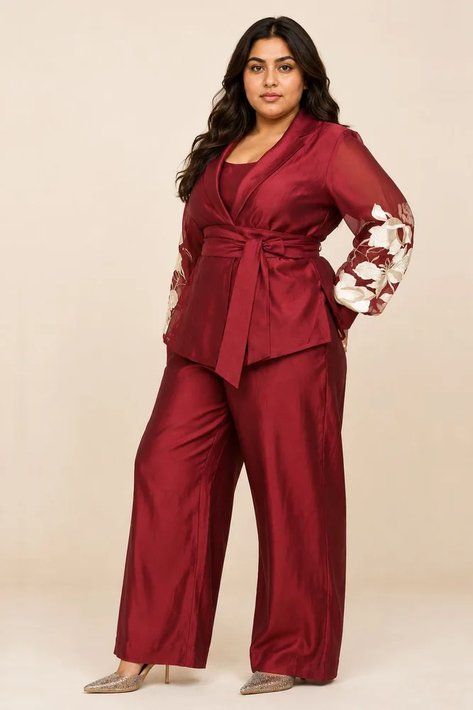 Burgandy Reva - Blazer Wrap Top & Wide-Leg Pant