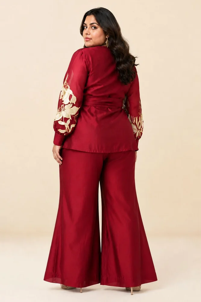 Burgandy Reva - Blazer Wrap Top & Wide-Leg Pant 2