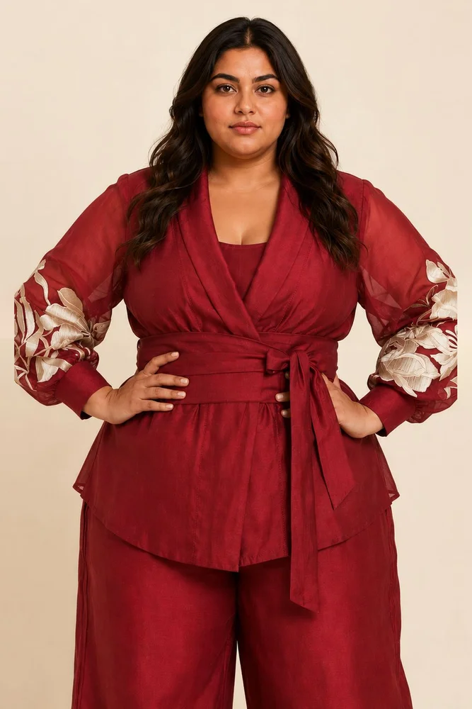 Burgandy Reva - Blazer Wrap Top & Wide-Leg Pant 4