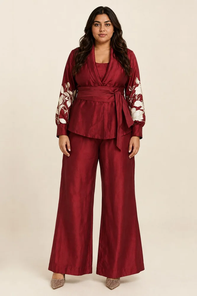 Burgandy Reva - Blazer Wrap Top & Wide-Leg Pant 6