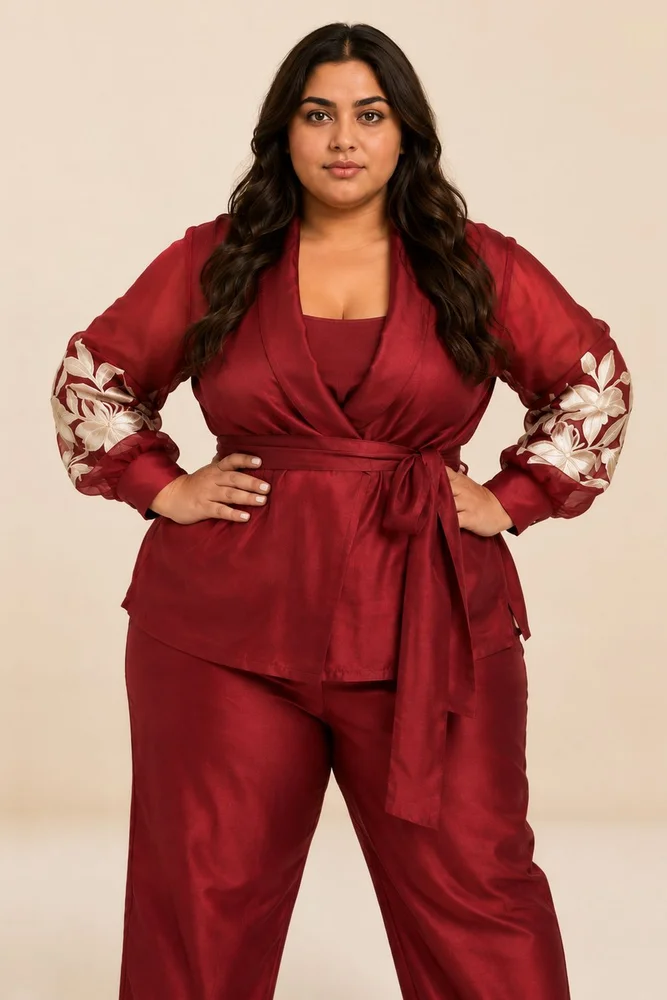 Burgandy Reva - Blazer Wrap Top & Wide-Leg Pant 5