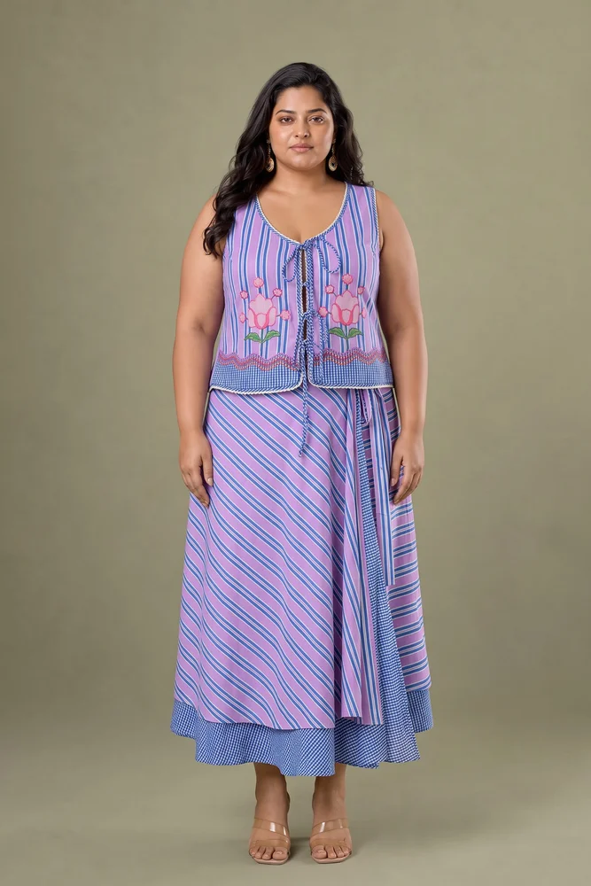 Viola Set : Cotton Skirt Set for Women in Lilac & Blue| Striped 2-Piece Summer Outfit