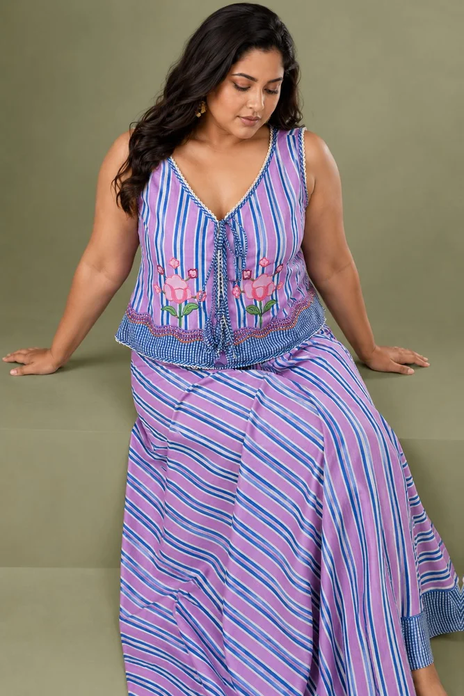Viola Set : Cotton Skirt Set for Women in Lilac & Blue| Striped 2-Piece Summer Outfit 4